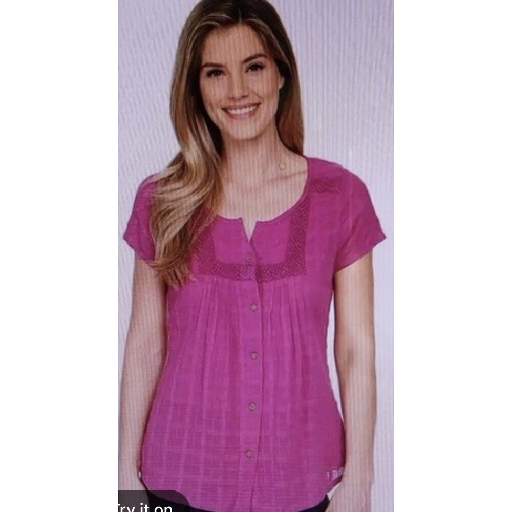 Prana Lucie Size L Cotton Woven Gauze Embroidery Inserts Button Blouse Shirt